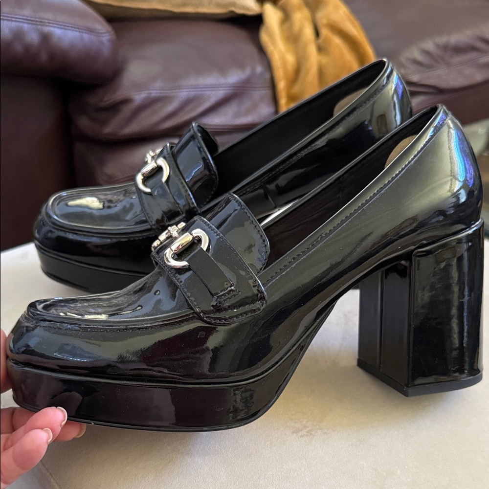 H&M Shiny Black Loafers with Gold Buckle